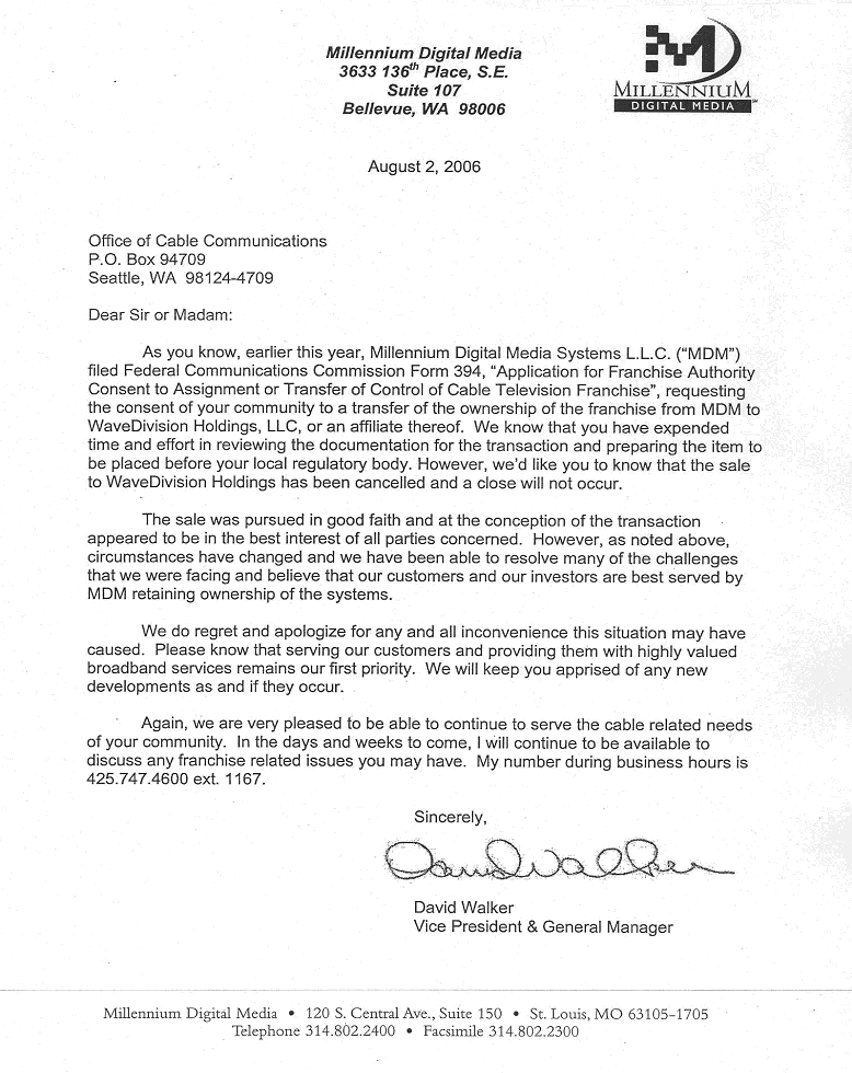 Letter dated August 2, 2006, from Millennium re: cancelled contract ...